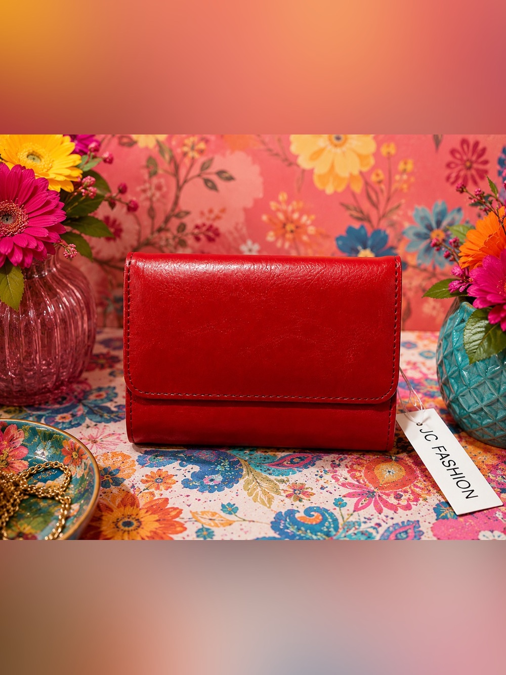 New JC Fashion Red Faux Leather Foldover Wallet – Compact Bifold